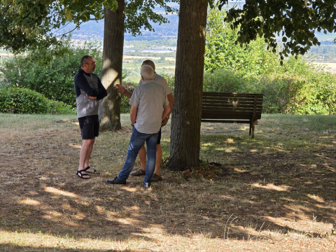 Drei Menschen stehen im Gespräch im Schatten unter einem Baum